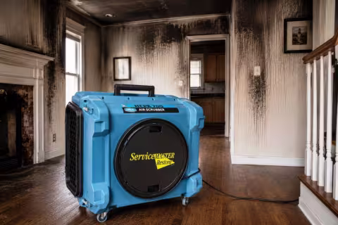 DriEaz Defendair Air Scrubber placed in fire damaged living room