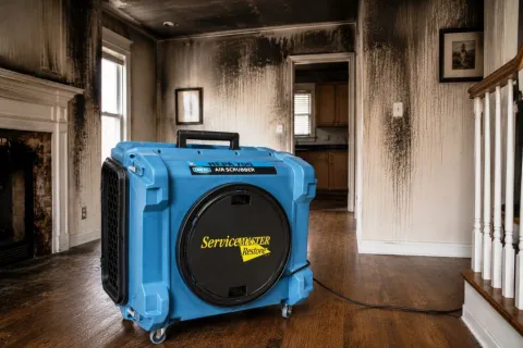 DriEaz Defendair Air Scrubber placed in fire damaged living room