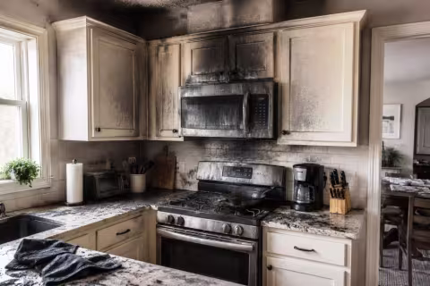 Smoke damaged cabinets, counters, and appliances after a small kitchen fire