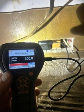 Moisture meter reading water content in wall cavity