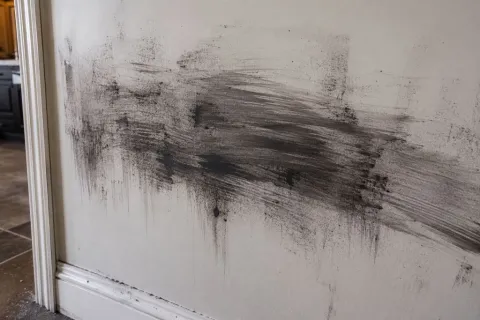 Close up of improperly cleaned soot smeared across painted drywall