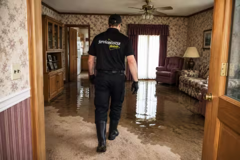 Water damage tech walking into Elwood water damaged living room