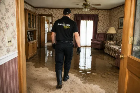 Water damage tech walking into Elwood water damaged living room