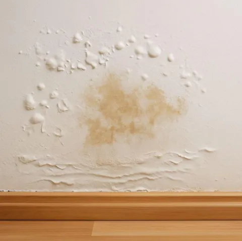 Water damaged drywall discolored with bubbling paint