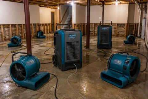 Drying Equipment setup in water damaged basement