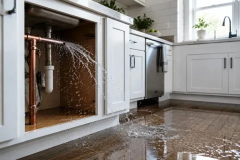 Water discharging from a broken kitchen sink pipe onto the kitchen floor