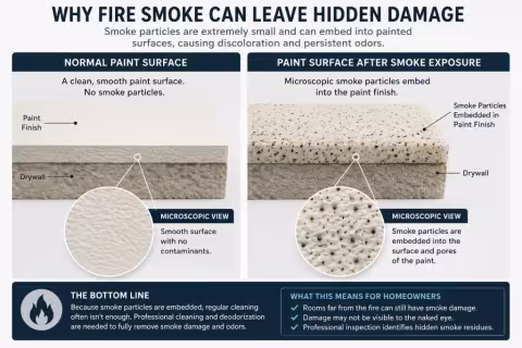 Informational graphic showing how microscopic smoke particles embed into paint finish