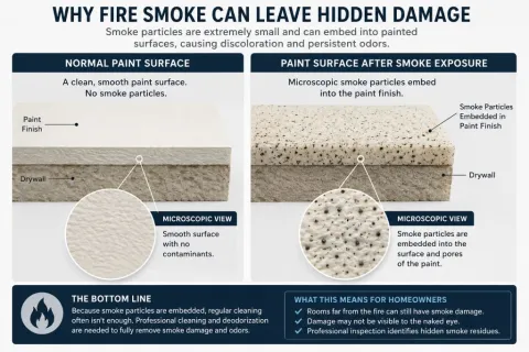 Informational graphic showing how microscopic smoke particles embed into paint finish