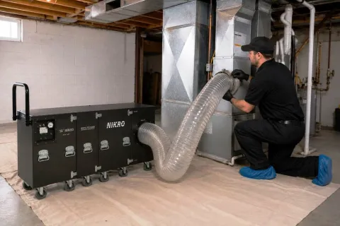 ServiceMaster technician attaching 12" vacuum hose to ductwork in order to apply negative vacuum pressure the HVAC system