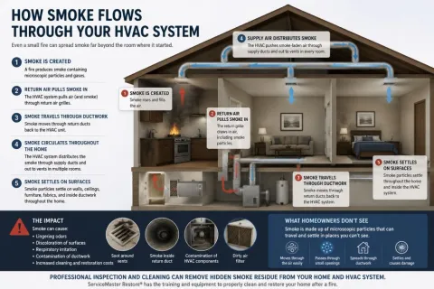 Infographic explaining how smoke flows through an HVAC system