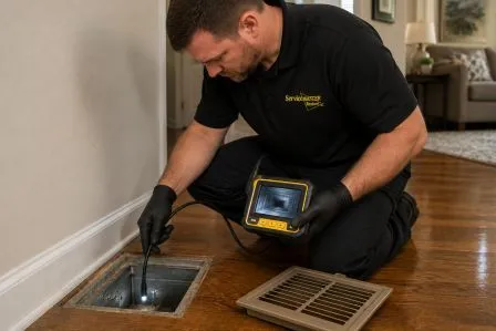 ServiceMaster technician inspecting ductwork with a camera