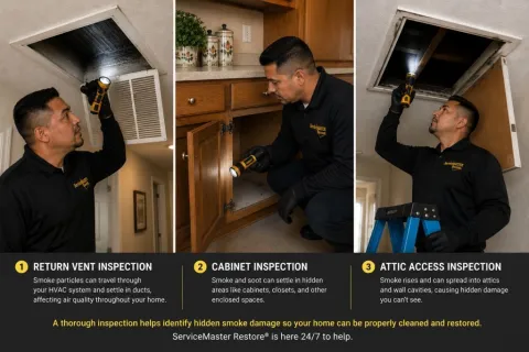ServiceMaster Technician inspecting vents, cabinets and attic access for smoke damage