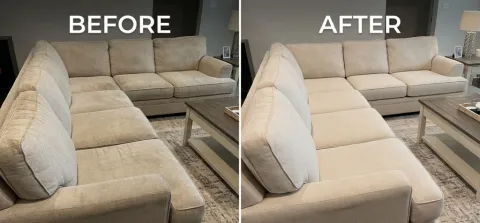Before and After cleaning photo of a sectional sofa