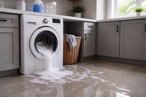 Washing machine discharging water onto laundry room floor