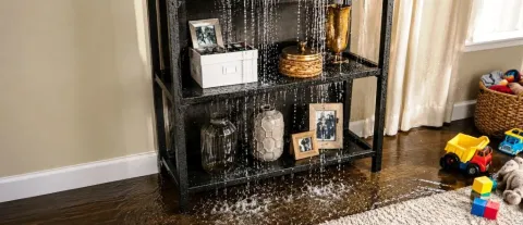 Water pouring from above onto living room shelving in Cozad Ne