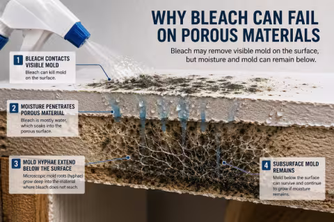 Info graphic showing how bleach does not penetrate through porous surfaces to kill mold