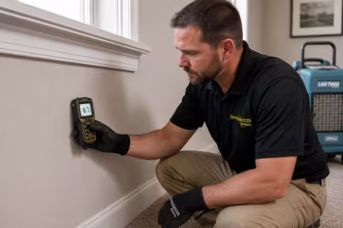 ServiceMaster Technician inspecting wall for moisture with an electronic meter