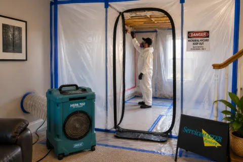 Technician performing residential mold remediation within containment