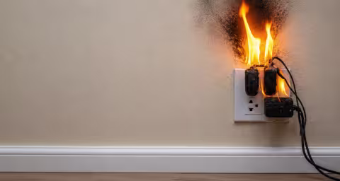 Overloaded electrical outlet on fire and actively burning cords and wall