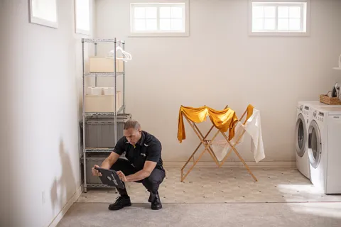 ServiceMaster technician taking photos of water damaged drywall and baseboard