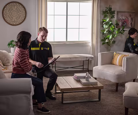 servicemaster tech and customer discussing fire damage in a living room