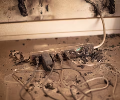 Charred electrical cords and power strip in fire damaged home