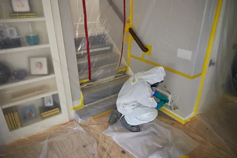 ServiceMaster Technician removing HVAC vent during mold remediation