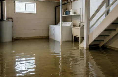 Basement affected by water damage with several inches of water covering the basement floor