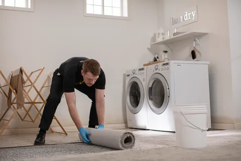 ServiceMaster tech removing wet unsalvageable carpet