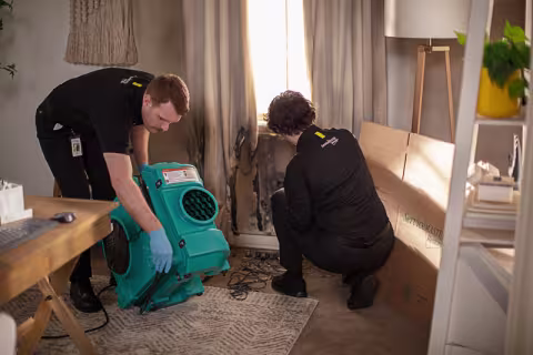 ServiceMaster technicians setting up HEPA Filtration on a fire damage job 
