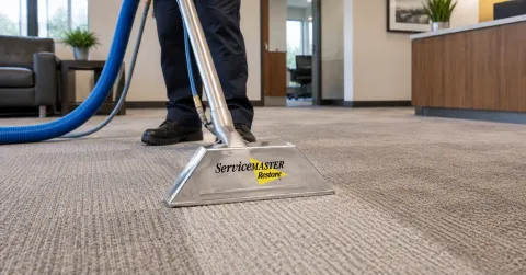 view of a carpet cleaning wand going across dirty commercial carpet in a modern office setting