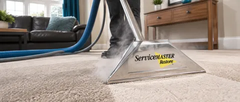 Carpet Cleaning wand going across carpet with steam coming from head of tool
