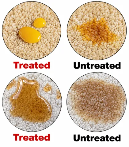 Graphic showing liquid beading up on protected carpet vs soaking into fibers on non protected carpet