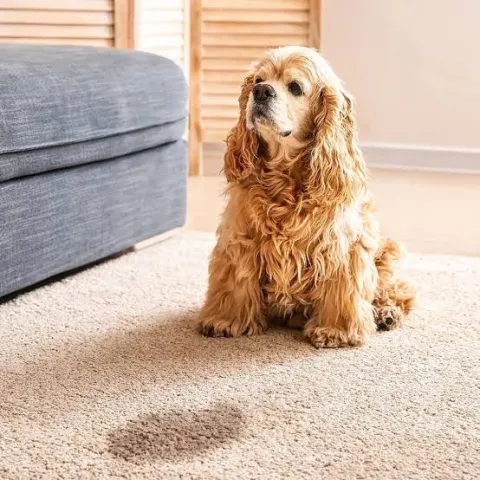 Dog standing by urine accident on carpet