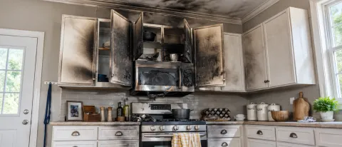 Fire damaged kitchen cabinets and appliances