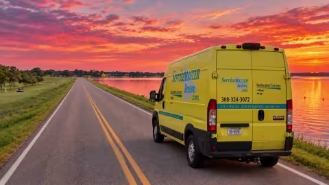 ServiceMaster Van on Johnson Lake NE Dam at Sunset
