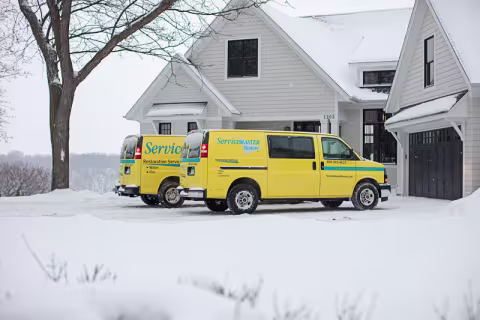 ServiceMaster Vans in Winter. Parked in snowy drive outside of a residence.