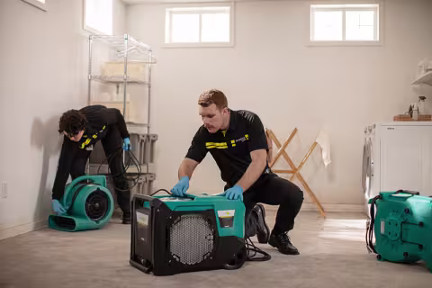 ServiceMaster technicians setting up drying equipment
