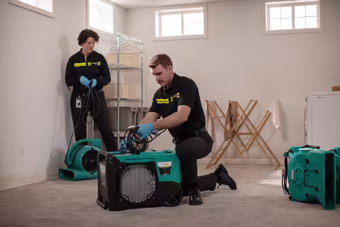 servicemaster technicians setting up jobsite water damage equipment