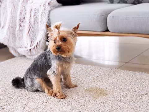 Dog standing next to urine accident on carpet