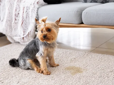 Dog standing next to urine accident on carpet