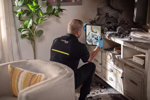 ServiceMaster technician documenting onsite fire damage in a residence