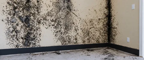 black mold growth on drywall and floor covering