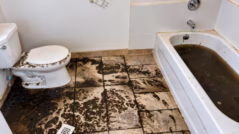 Sewer backup in bathroonm with tile flooring