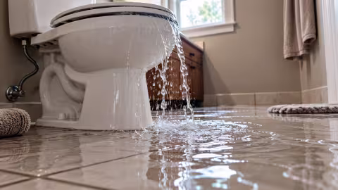 water overflowing from toilet bowl onto a tile bathroom floor