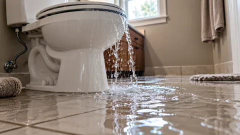 water overflowing from toilet bowl onto a tile bathroom floor