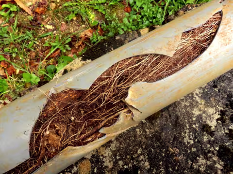 exposed tree roots in broken sewer pipe