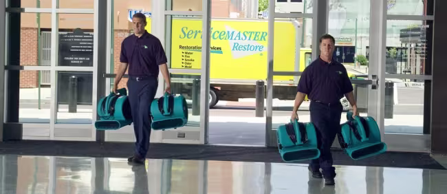 Two ServiceMaster Fire & Water Cleanup technicians enter a commercial building in Chicago to begin restoration services