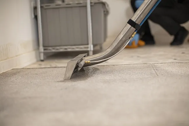 a servicemaster technicians cleans carpet after a water damage