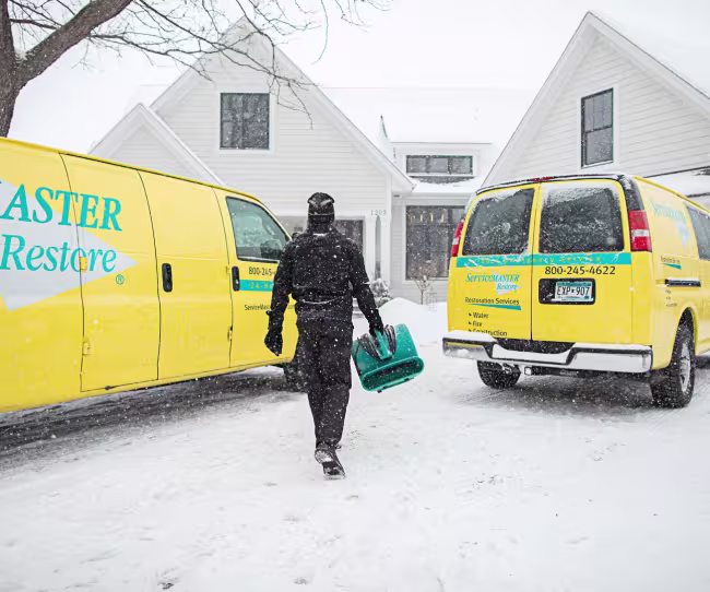 winter water damage technician carrying drying equipment
